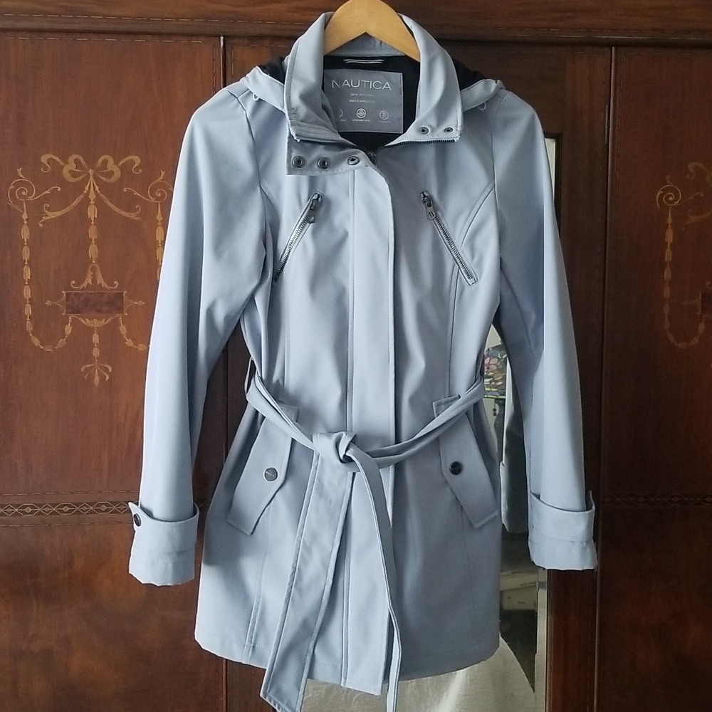 Nautica Light Blue Belted Waterproof Trench Coat/Raincoat XS